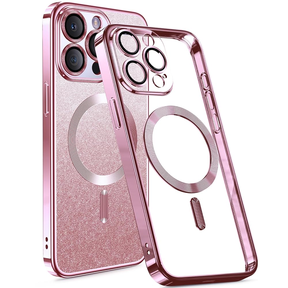 Humixx for iPhone 15 Pro Max & iPhone 15 Pro Case Glitter, [Glitter Card][Compatible with MagSafe][Full Camera Lens Protection] Slim Bling Sparkle Cute iPhone 15 Pro Max Case Clear for Women Girls, Pink