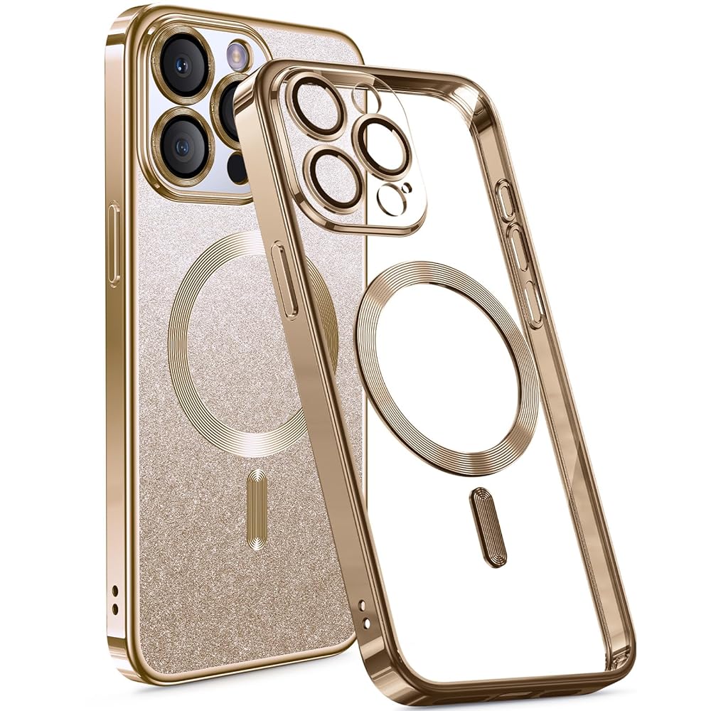Humixx for iPhone 15 Pro Max & iPhone 15 Pro Case Glitter, [Glitter Card][Compatible with MagSafe][Full Camera Lens Protection] Slim Bling Sparkle Cute iPhone 15 Pro Max Case Clear for Women Girls, Gold