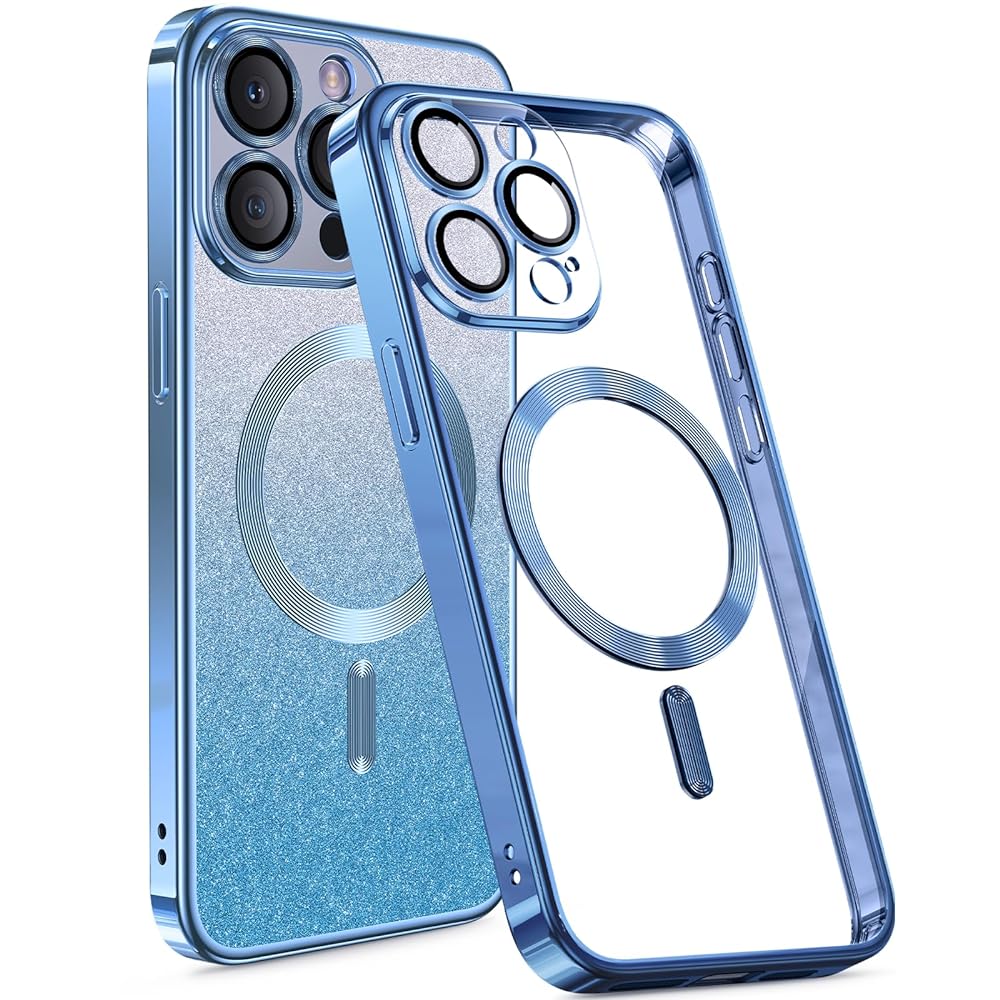 Humixx for iPhone 15 Pro Max & iPhone 15 Pro Case Glitter, [Glitter Card][Compatible with MagSafe][Full Camera Lens Protection] Slim Bling Sparkle Cute iPhone 15 Pro Max Case Clear for Women Girls, Blue