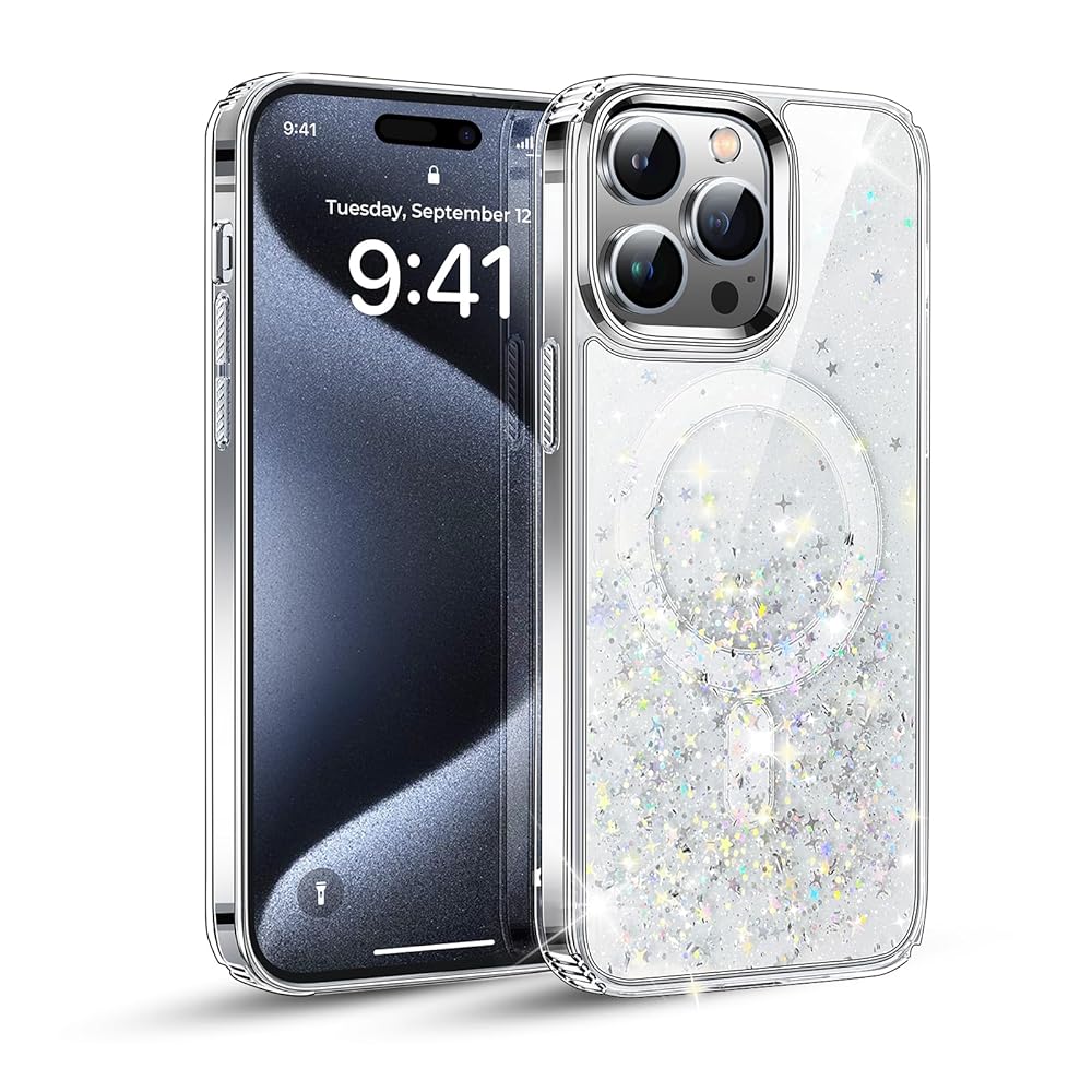 Humixx Glitter Bling Magnetic Phone Case for iPhone 15 Pro Max & iPhone 15 Pro Case [Compatible with MagSafe] Soft TPU Slim Fit Shockproof Protective Cute Case Cover for Women Girls 6.7 inch -Clear Glitter
