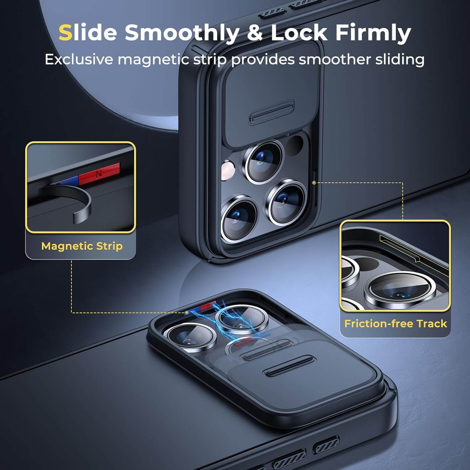 Humixx iPhone 15 Pro Max Case Magnetic Camera Cover Black Slide Smoothly & Lock Firmly 