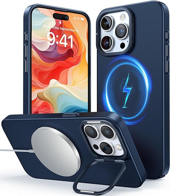 Humixx Kickstand Case for iPhone 15 Pro Max Case iPhone 15 Pro Case Clear, Compatible with MagSafe, Built-in Camera Ring Stand, Slim-Fit Matte Hard PC Cover Protective Anti-Fingerprint Anti-Scratch Magnetic Case, Blue