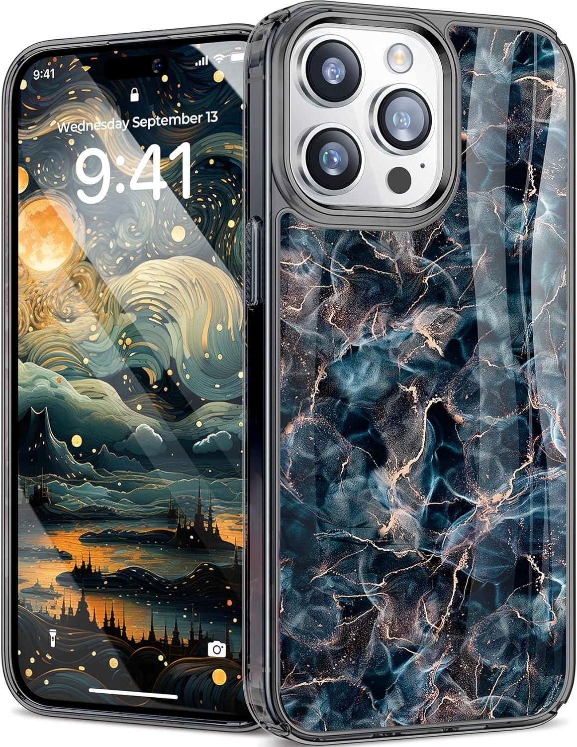 Humixx for iPhone 15 Pro Max & iPhone 15 Pro Case, [10 FT Military Drop Protection] [Non-Yellowing] Protective Cover - Blue Fog Gold Glitter Marble for iPhone 15 Pro Max Case- (Starlight Abyss/Blue)